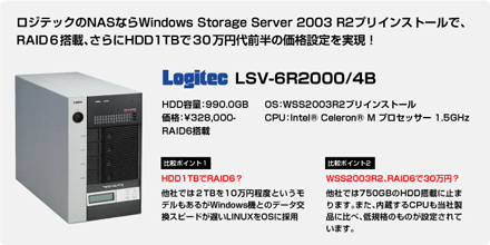 ロジテックのNASならWindows Storage Server 2003 R2プリインストールで、RAID６搭載、さらにHDD容量1TBで30万円代前半の価格設定を実現！