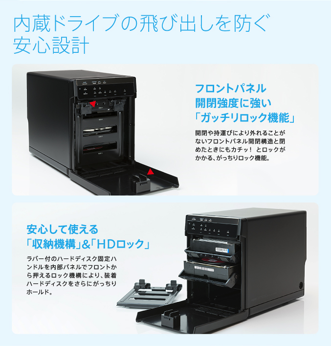 内蔵ドライブの飛び出しを防ぐ安心設計