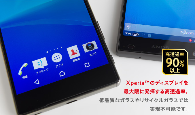 Xperia™のディスプレイを最大限に発揮する高透過率。低品質なガラスやリサイクルガラスでは実現不可能です。