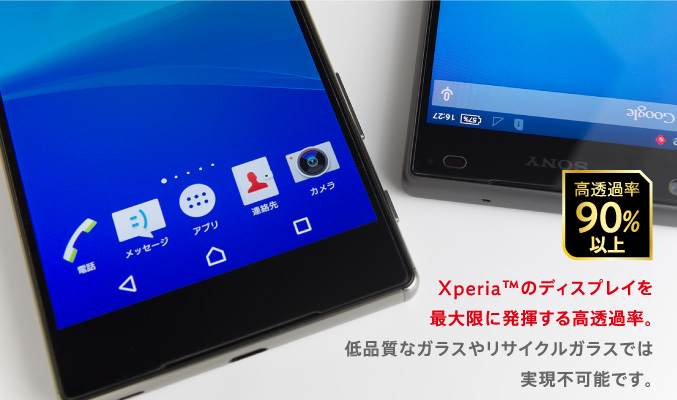 Xperia™のディスプレイを最大限に発揮する高透過率。低品質なガラスやリサイクルガラスでは実現不可能です。