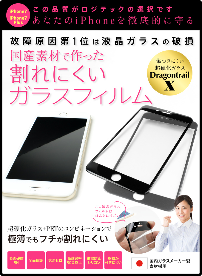 故障原因第1位は液晶ガラスの破損 国産素材で作った割れにくいガラスフィルム 超硬化ガラス+PETのコンビネーションで極薄でもフチが割れにくい