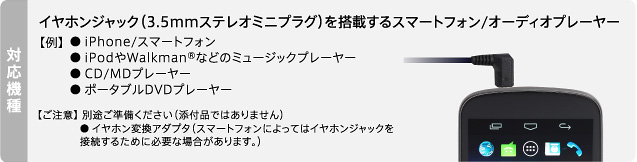 対応機種 イヤホンジャック（3.5mmステレオミニプラグ）を搭載するスマートフォン/オーディオプレーヤー　【例】●iPhone/スマートフォン　●iPodやWalkman®などのミュージックプレーヤー　●CD/MDプレーヤー　●ポータブルDVDプレーヤー