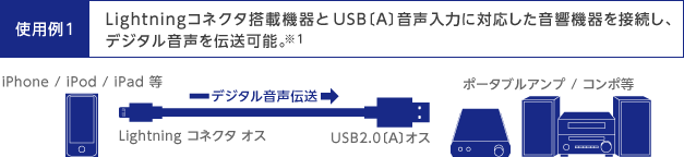 使用例1 Lightningコネクタ搭載機器と USB[A]音声入力に対応した音響機器を接続し、デジタル音声を伝送可能。