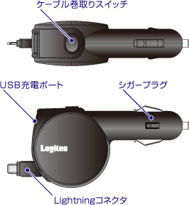 自動車のシガーソケットで2台同時給電が可能。