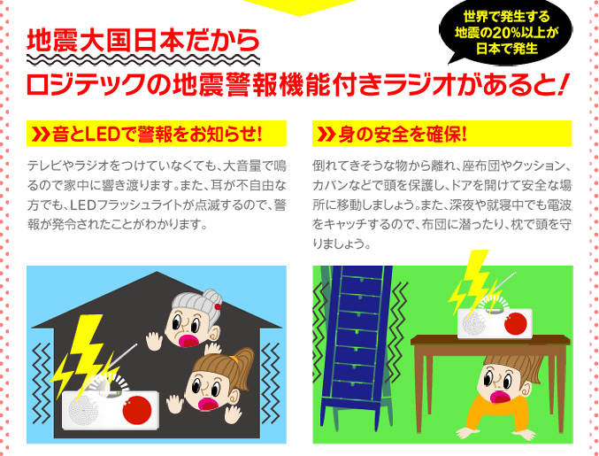 地震大国日本だからロジテックの地震警報機能付きラジオがあると！　音とLEDで警報をお知らせ！　身の安全を確保！