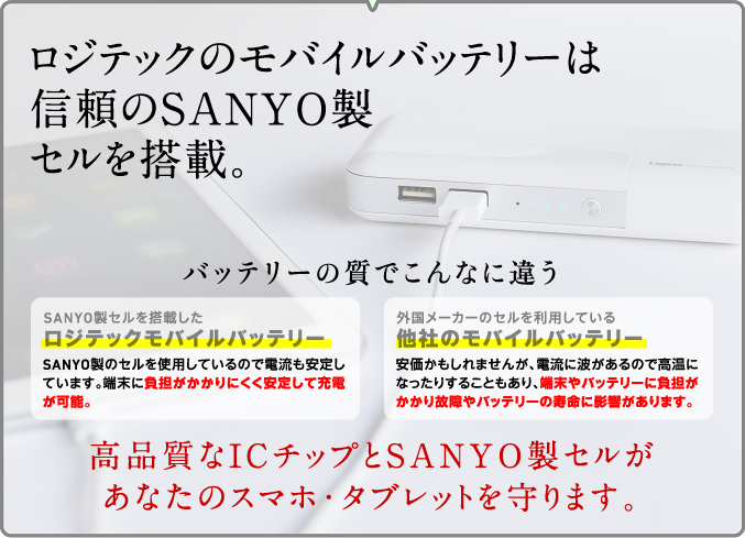 ロジテックのモバイルバッテリーは信頼のSANYO製セルを搭載。