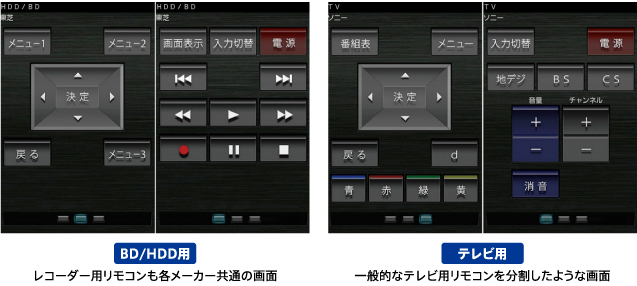 BD/HDD用、TV用リモコン画面
