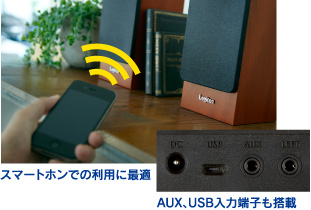 スマートホンでの利用に最適。AUX、USB入力端子も搭載