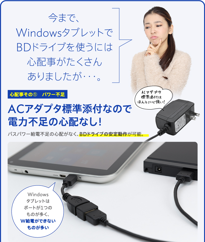 心配事その?　パワー不足　ACアダプタ標準添付なので電力不足の心配なし！