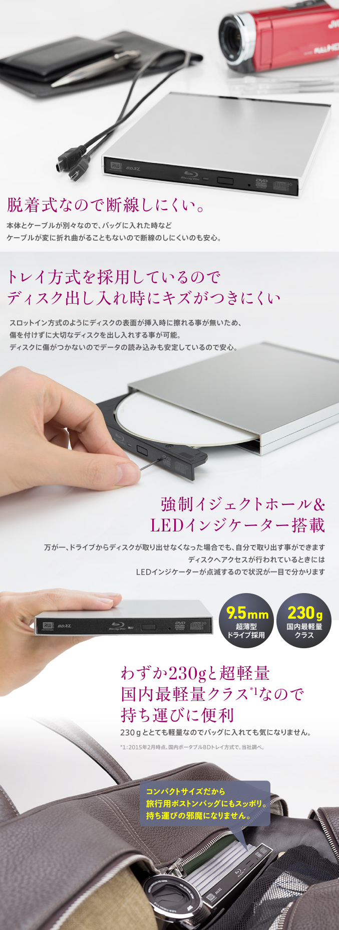 脱着式なので断線しにくい。　トレイ方式を採用しているのでディスク出し入れ時にキズがつきにくい　強制イジェクトホール&LEDインジケーター搭載　わずか230gと超軽量国内最軽量クラスなので持ち運びに便利