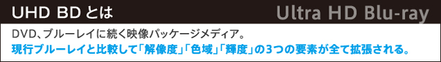 UHD BDとは　DVD、ブルーレイに続く映像パッケージメディア。現行ブルーレイと比較して解像度、色域、輝度の3つの要素がすべて拡張される。