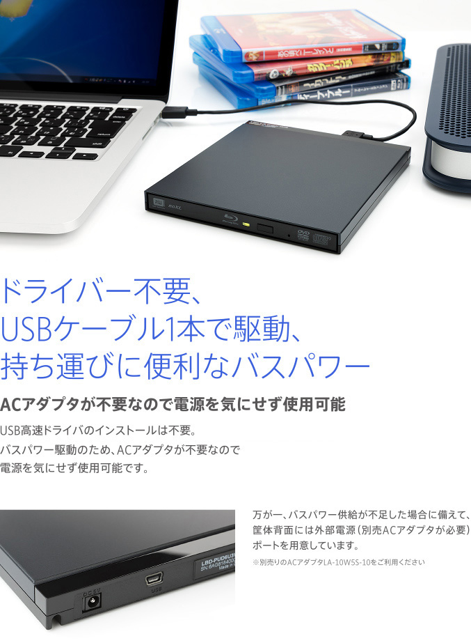 ドライバー不要、USBケーブル1本で駆動、持ち運びに便利なバスパワー