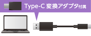 パソコンにも接続できるType-C変換アダプタを付属!