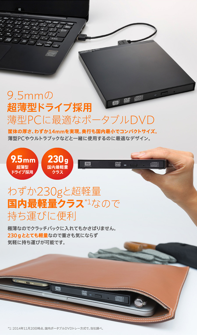 9.5mmの超薄型ドライブ採用薄型PCに最適なポータブルDVD わずか230gと超軽量国内最軽量クラス*1なので持ち運びに便利