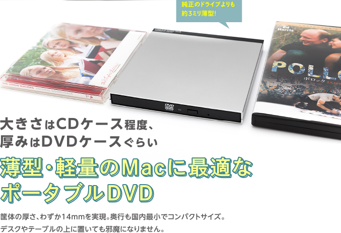 大きさはCDケース程度、厚みはDVDケースぐらい 薄型・軽量のMacに最適なポータブルDVD