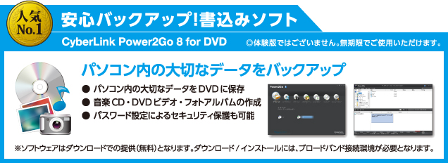 市場人気No1、安定/軽快動作のサイバーリンク社のオールインワンソフト(動画再生、編集、書込)を採用!