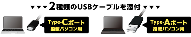 Type-Cポート搭載パソコン用とType-Aポート搭載パソコン用の、2種類のUSBケーブルを添付