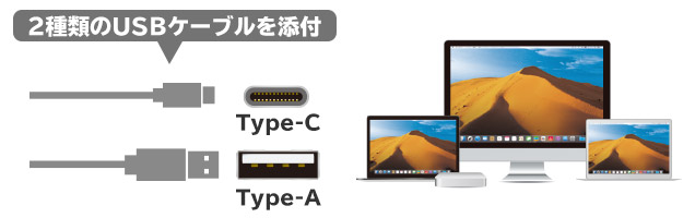 Type-Cポート搭載パソコン用とType-Aポート搭載パソコン用の、2種類のUSBケーブルを添付