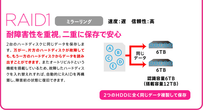 RAID1 耐障害性を重視。二重に保存で安心