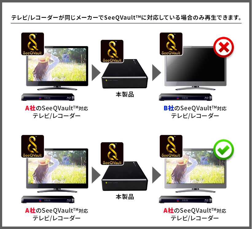 テレビ/レコーダーが同じメーカーでSeeQVault™に対応している場合のみ、再生できます。