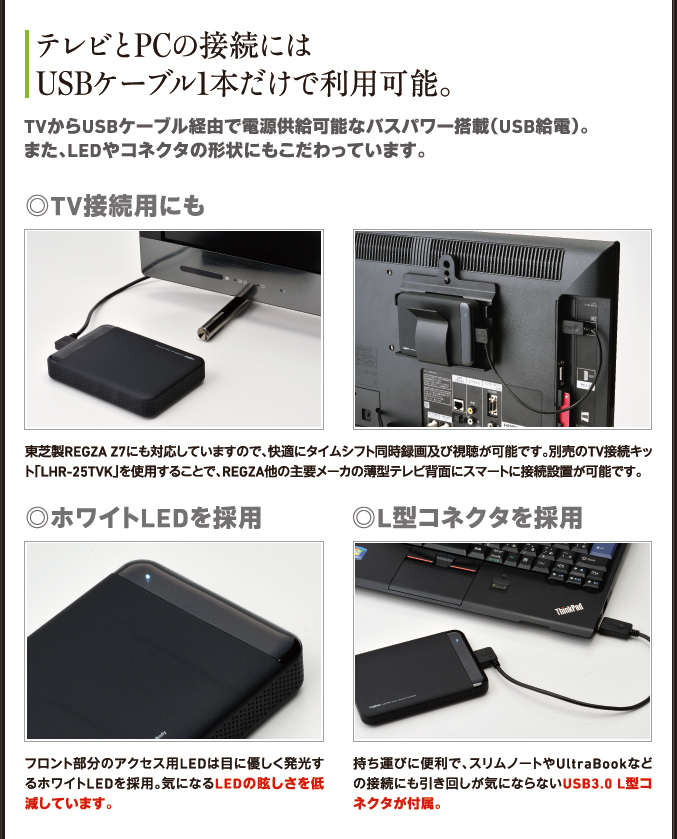 テレビとPCの接続にはUSBケーブル1本だけで利用可能。