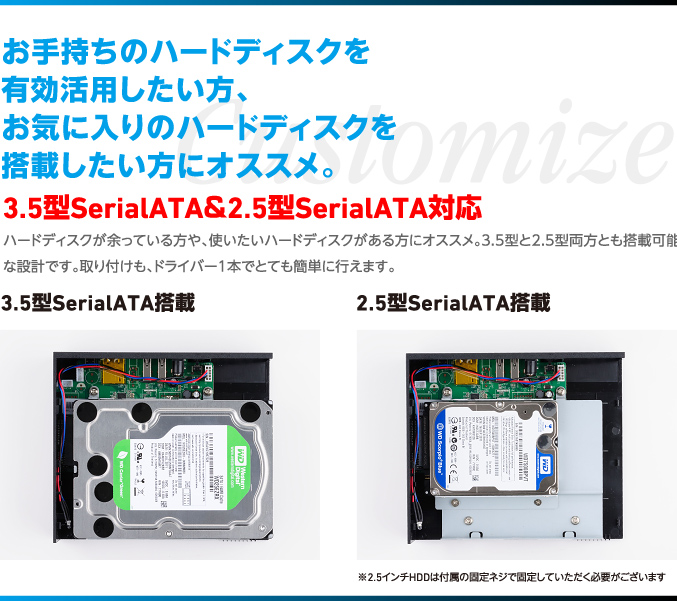 お手持ちのハードディスクを有効活用したい方、お気に入りのハードディスクを搭載したい方にオススメ。