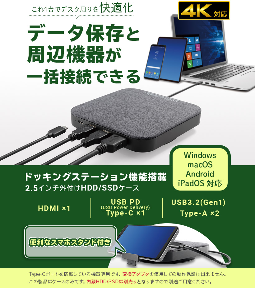 USB3.2 Gen2 Type-C 2.5インチ HDD/SSDケース