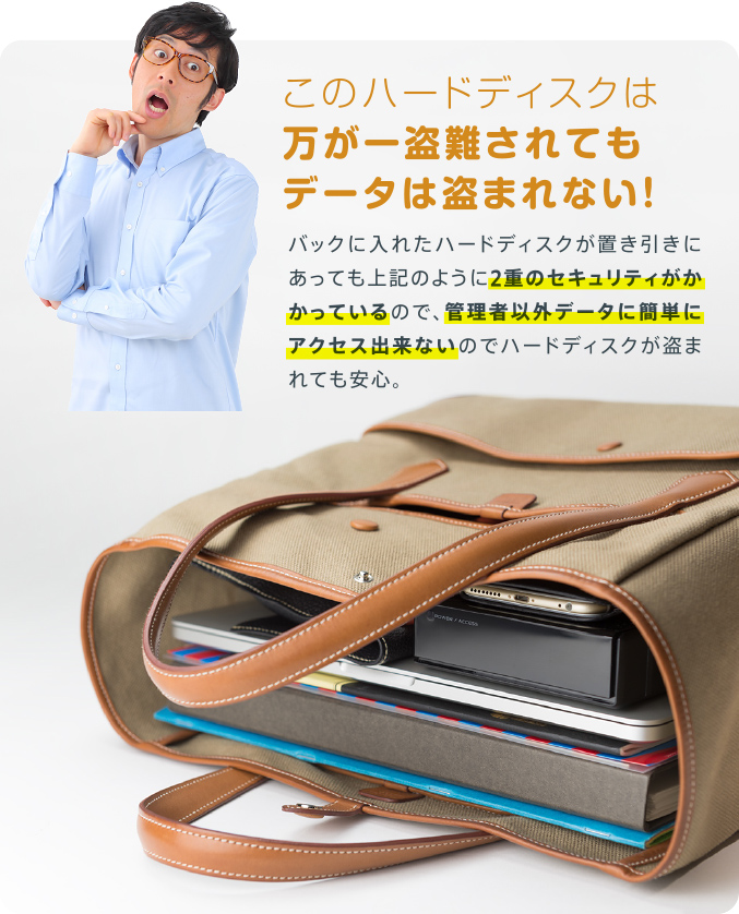 このハードディスクは万が一盗難されてもデータは盗まれない!