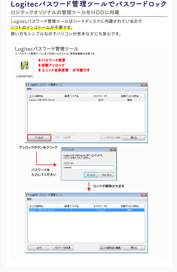 Logitecバスワード管理ツールでパスワードロック