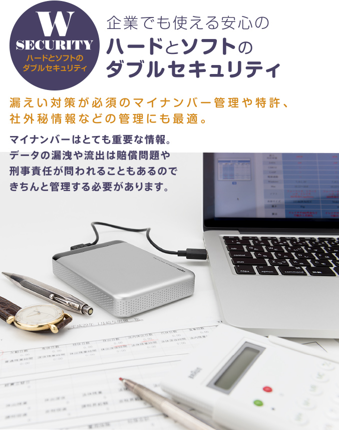 企業でも使える安心のハードとソフトのダブルセキュリティ 漏えい対策が必須のマイナンバー管理や特許、社外秘情報などの管理にも最適。