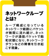 ネットワークループとは　ループ構成になっているネットワーク経路にパケットが無限に流れ続け、ネットワークが通信パケットで飽和状態になり、ネットワークダウンなどの障害を引き起こす現象。