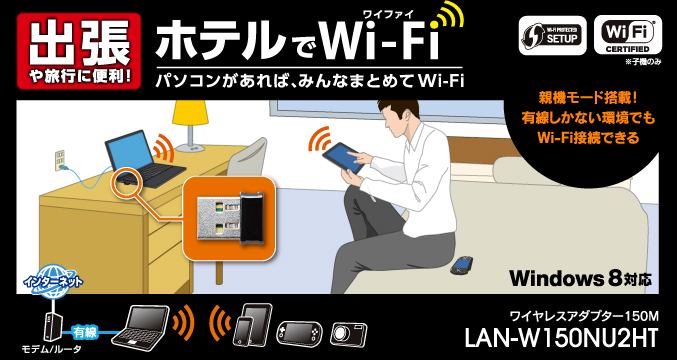 出張や旅行に便利！ ホテルでWi-Fi パソコンがあれば、みんなまとめてWi-Fi ワイヤレスアダプター150M LAN-W150NU2HT